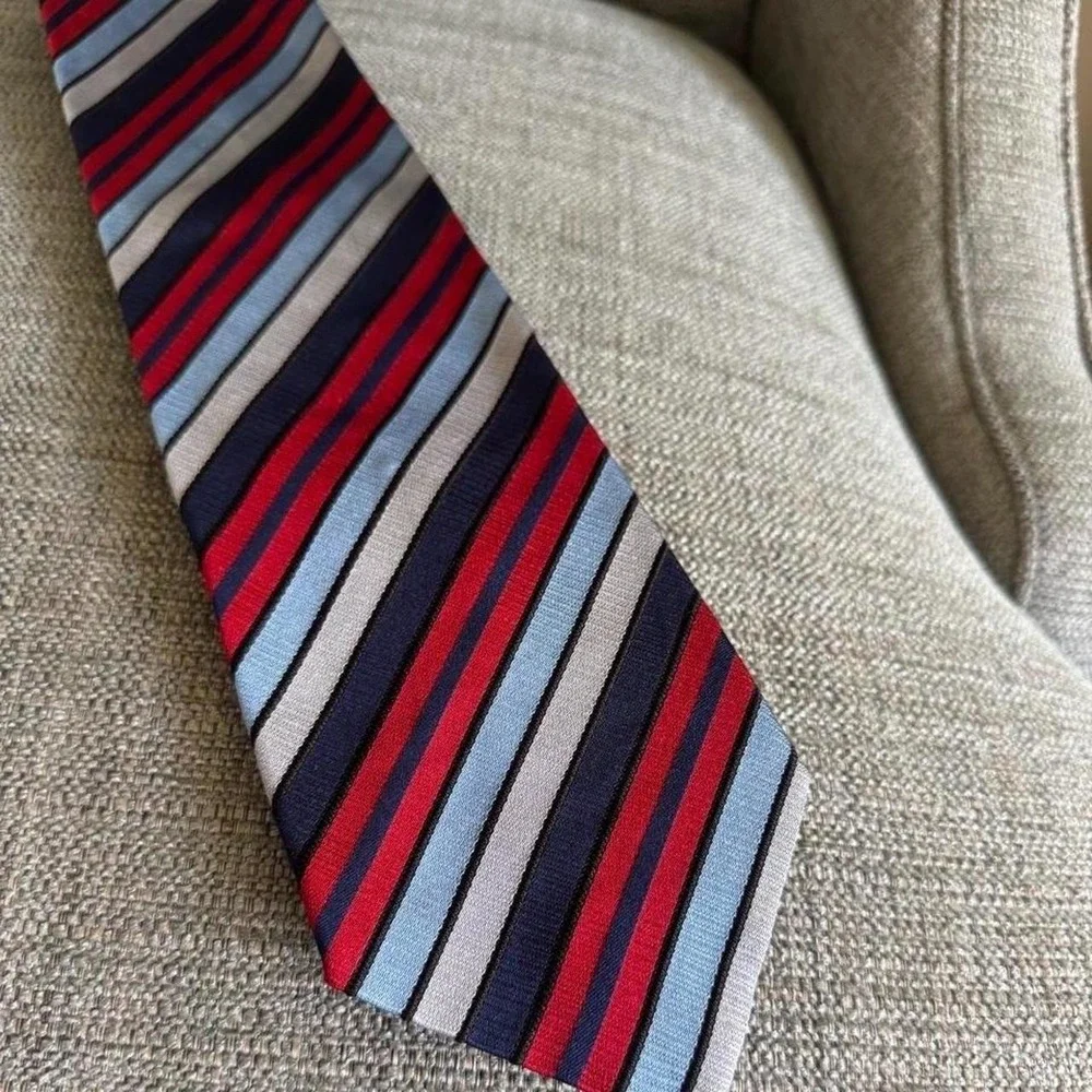 Emilio Romano 100% Silk Tie Handmade Italy Red Blue Striped Designer Neck Tie